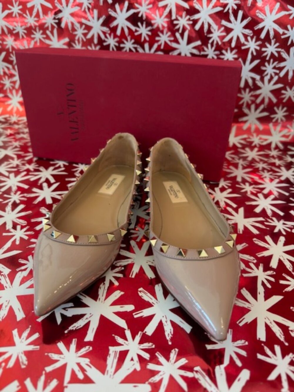 Valentino Rockstud Patent Leather Ballerina Flats - Size 36.5 - Blush Pink